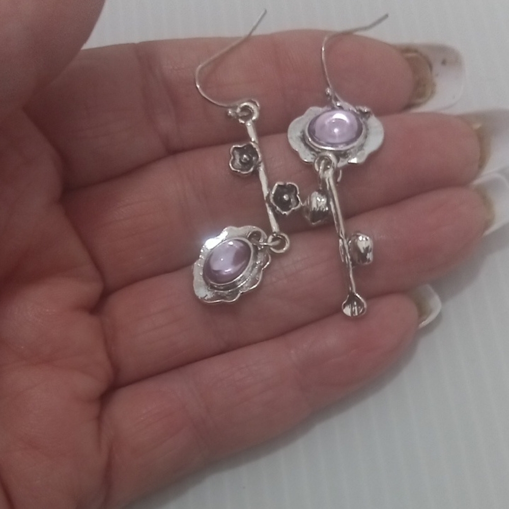 Elegant  Unique Silver and Pink Floral Earrings